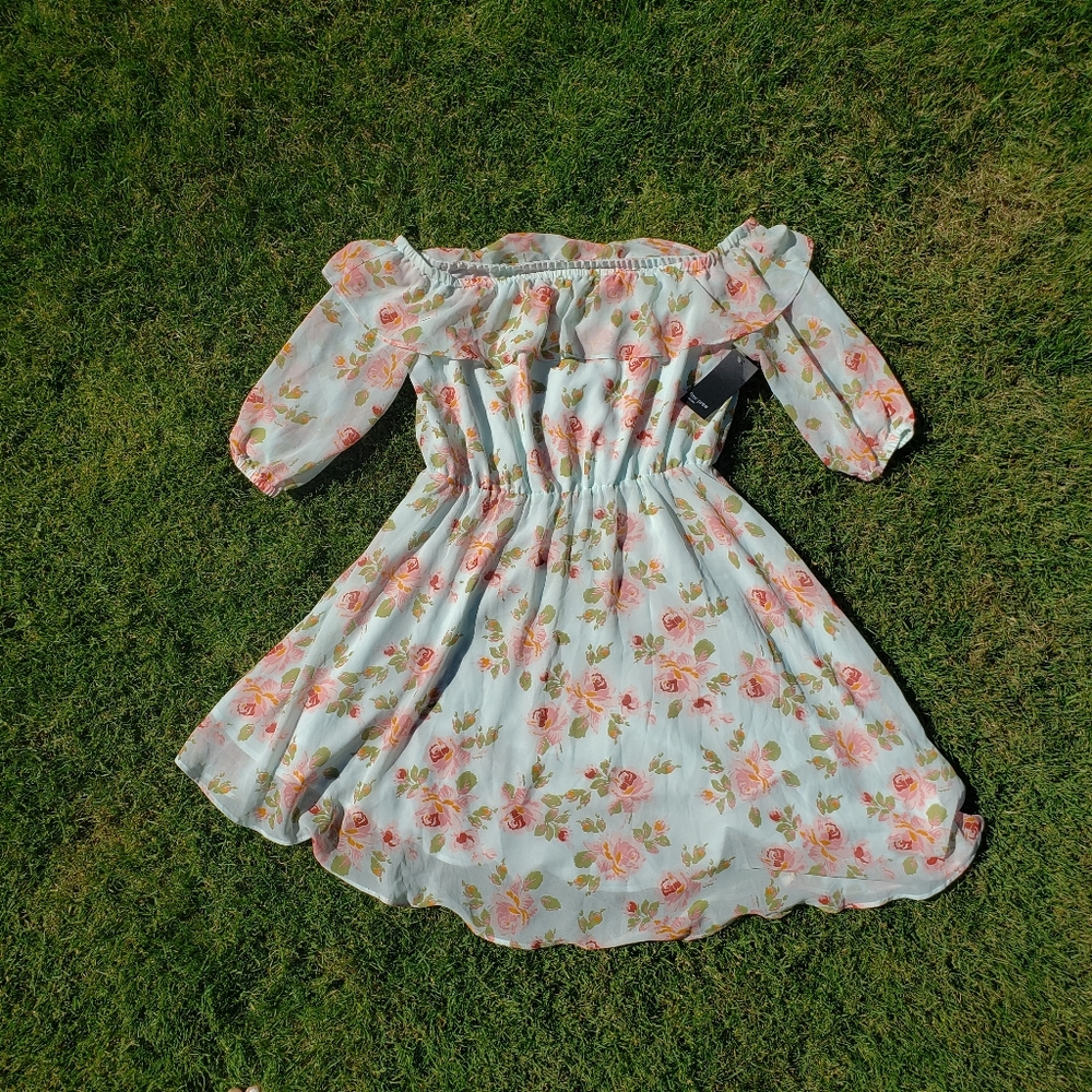 Nwt Free Press light blue pink floral off shoulder midi dress size large